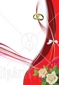 79666 Royalty Free RF Clipart Illustration Of A Wedding Background With Gold Rings Red Waves And White Roses