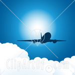 30825 Clipart Illustration Of A Silhouetted Commercial Airplane Flying Above Puffy White Clouds In A Blue Sky With Sunlight