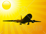 30826 Clipart Illustration Of An Airplane Silhouetted In Black Against A Bright Yellow Sun And Sunshine In The Sky